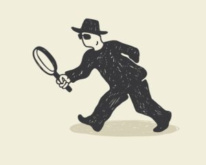 Detective with magnifying glass for cartoon design.