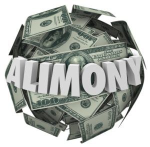 Alimony word in white 3d letters on a ball or sphere of money to illustrate financial spousal support of ex husband or wife